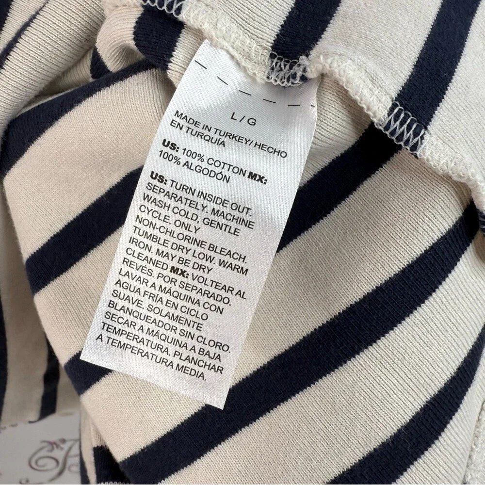 Chico's pull over shirt buttons, navy Black and White Striped Long Sleeve Top